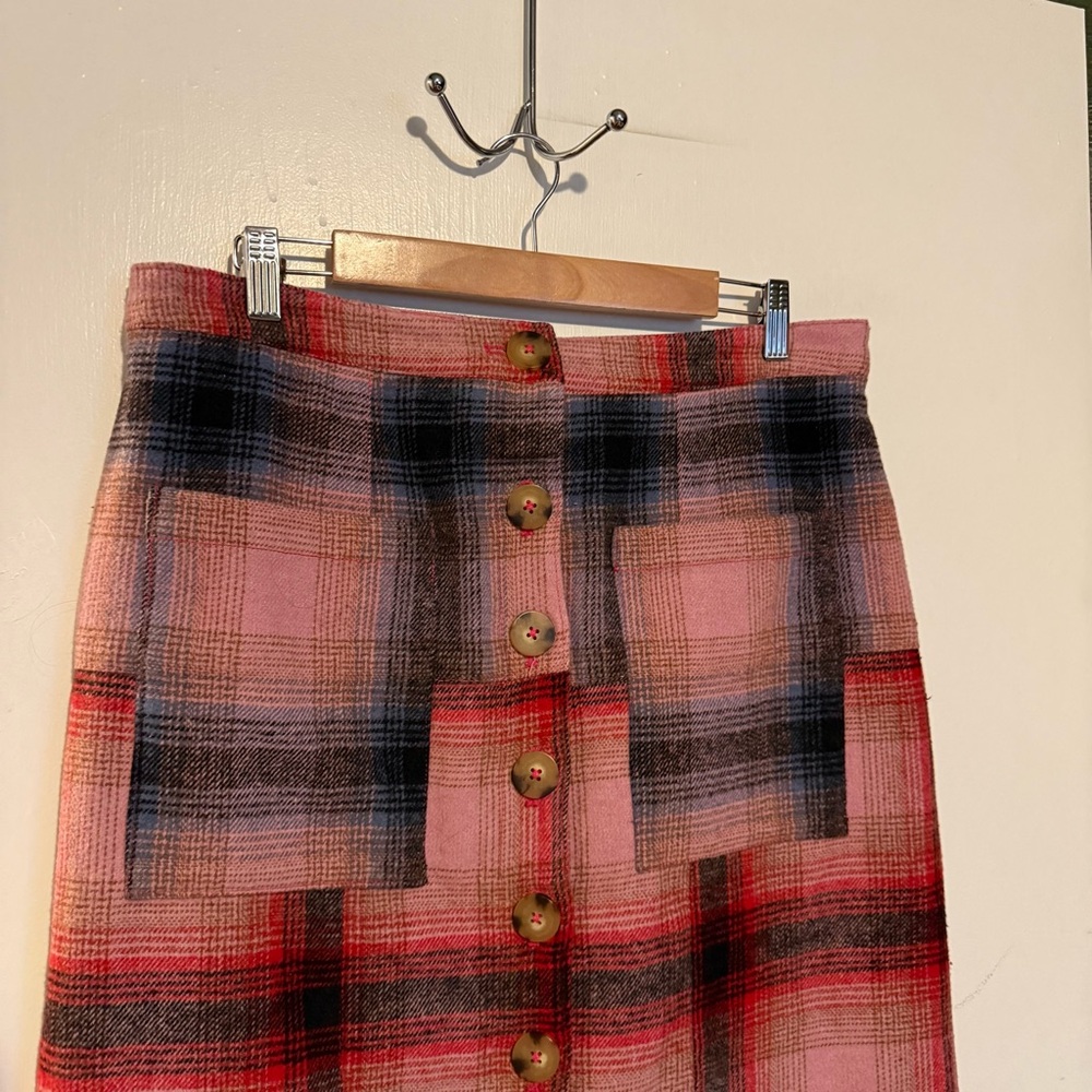 Anthropologie Maeve pink wool blend plaid fringe hem knee length pencil skirt - Picture 7 of 7